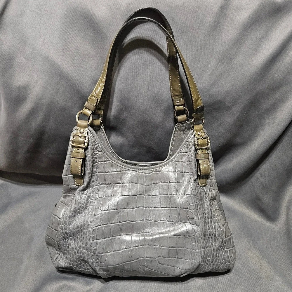 Coach Chelsea Jayden Gray Croc‎ Embossed Leather Hobo Bag 18761 Blue Lining
